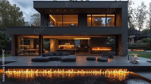 Ultramodern fireplace sleek black metal floating glass encasement and a linear flame designed for a minimalist openplan living environment