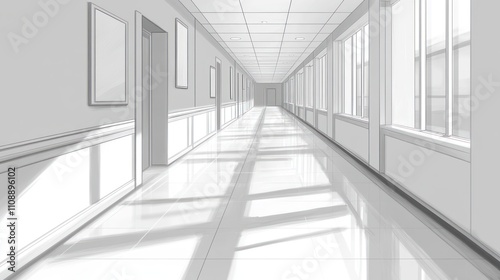 Serene White Corridor: Architectural Sketch of a Bright, Modern Interior