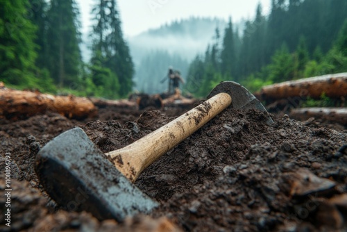 A shovel rests in the rich dark soil, a hobbyist gardener takes a peaceful break, enjoying the tranquil serenity of a lush forest a moment of respite amidst the rewarding labor of tending the earth