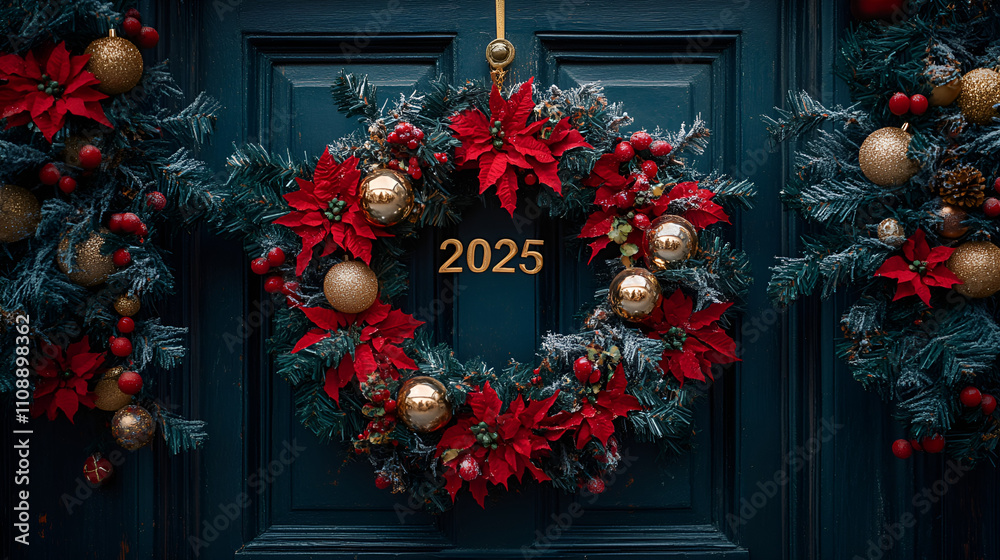 A festive Christmas wreath adorned with the numbers '2025' in bold, metallic gold font, surrounded by red and gold ornaments and hanging on a dark wooden door. The background is a soft, holiday-themed A festive Christmas wreath adorned with the numbers '2025' in bold, metallic gold font, surrounded by red and gold ornaments and hanging on a dark wooden door. The background is a soft, holiday-themed