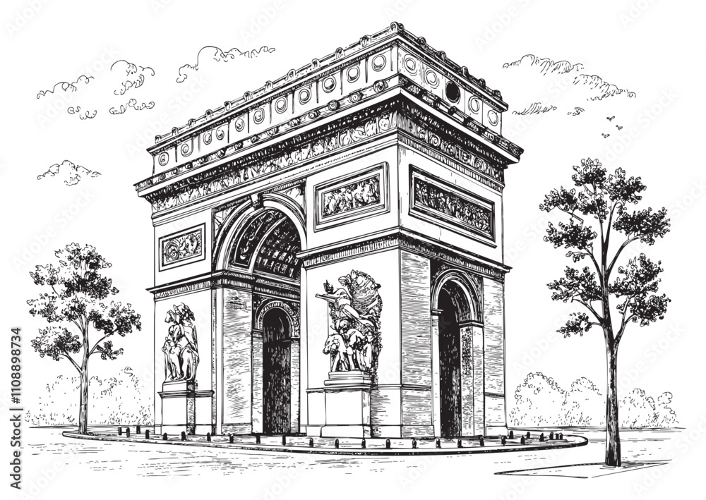 Fototapeta premium Arc de Triomphe Paris sketch engraving drawing vector illustration