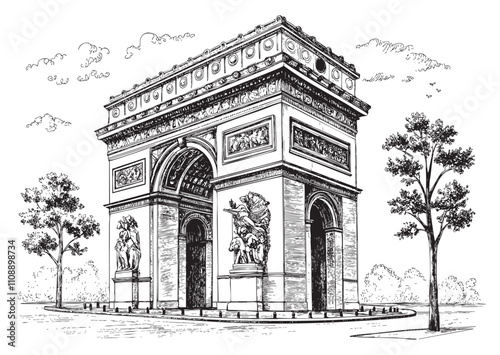 Arc de Triomphe Paris sketch engraving drawing vector illustration