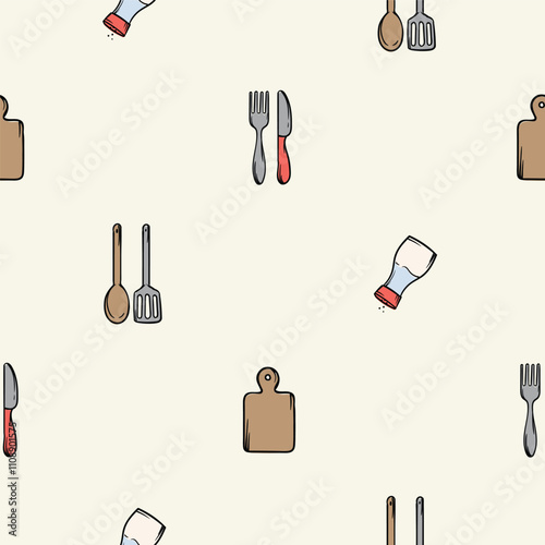 Simple seamless pattern with kitchen design, salt shaker, cutting board and kitchen utensils. Vector background for design of kitchen, cafe, restaurant, wrapping paper, print