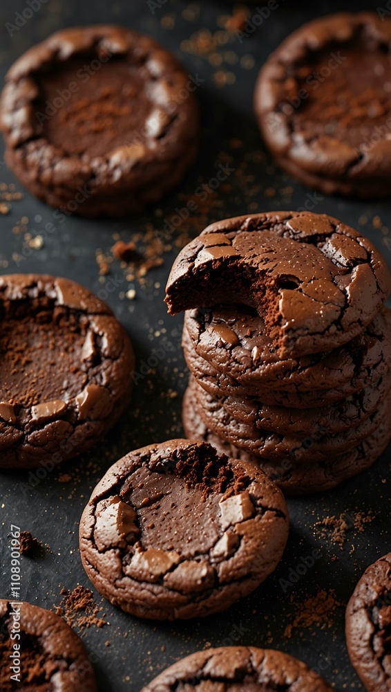 Fototapeta premium Stack of double chocolate chip cookies with cocoa powder.