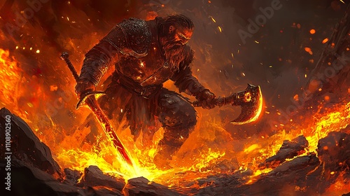 A powerful dwarf warrior forges a flaming sword in a fiery forge.