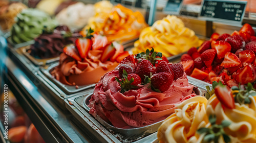 Fruit with strawberries gelato: Various flavors of ice cream in Rome, Italy. Italian gelateria showcasing an assortment of colorful gelato on a caf� showcase. Natural, fresh ice cream.