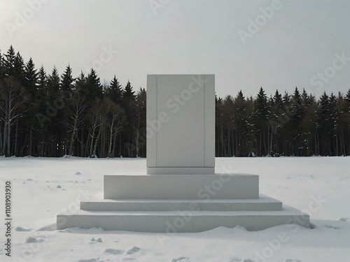 Stark white podium in the snow, creating a peaceful scene. photo