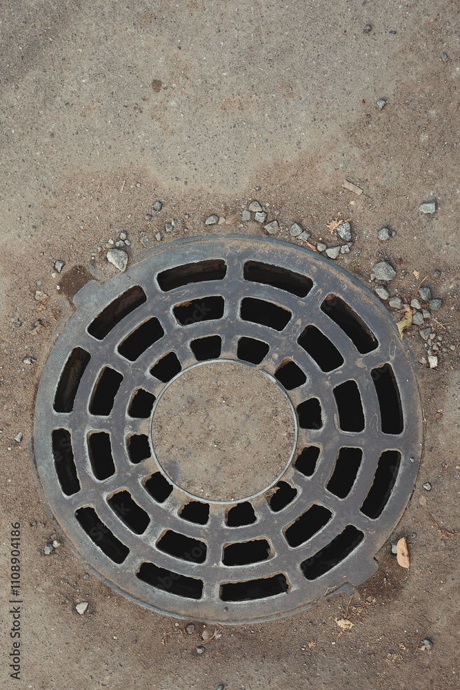 Detailed Image Of A Circular Metal Drain Cover Situated On A Gritty Urban Pavement, Capturing The Texture Of The Ground And The Unique Design Of The Cover. Detailed Image Of A Circular Metal Drain Cover Situated On A Gritty Urban Pavement, Capturing The Texture Of The Ground And The Unique Design Of The Cover.