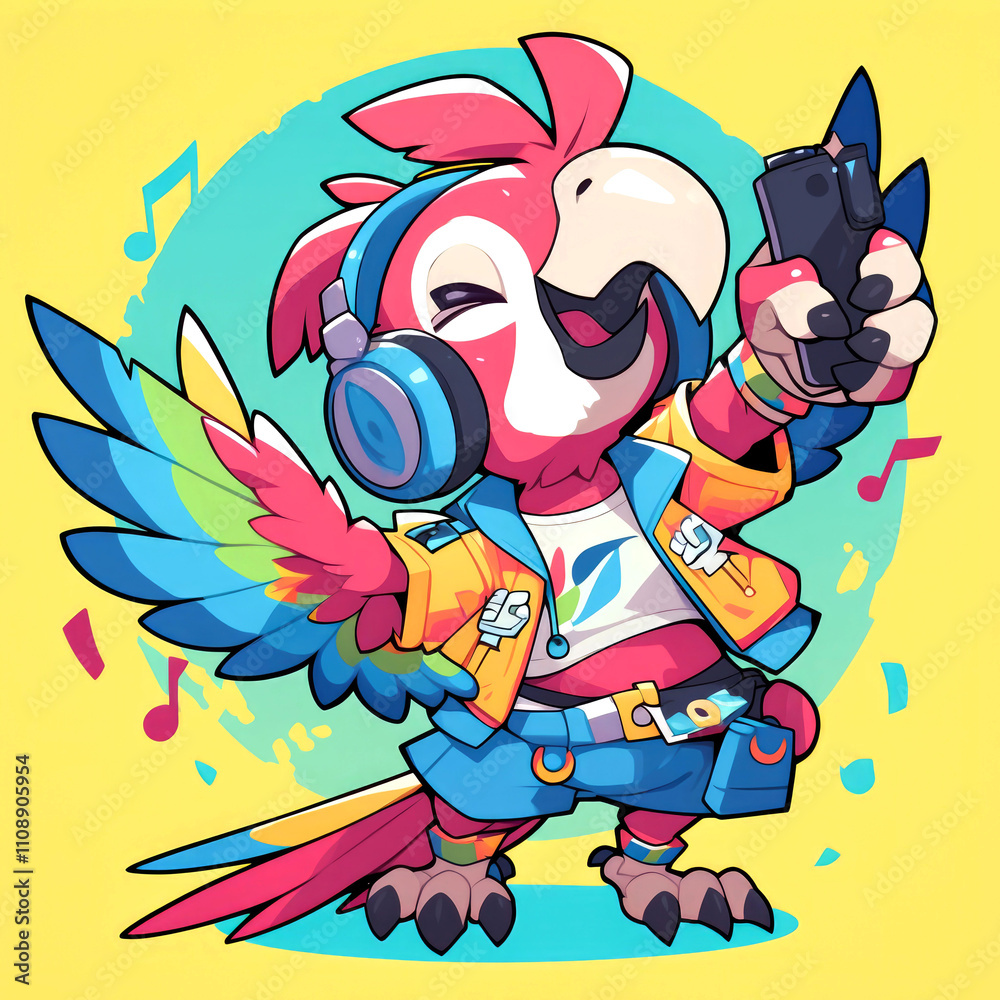Fototapeta premium Stylish parrot DJ taking a selfie.