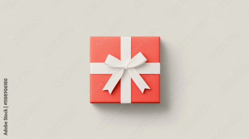 Fototapeta premium Flat design red gift box with white ribbon on gray background