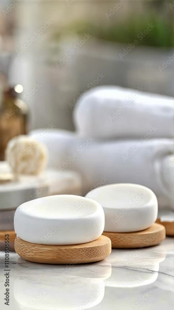 Close up of two round white soap bars on wooden stands with soft lighting and a blurred background, vegan skincare, herbal skincare, organic skincare Close up of two round white soap bars on wooden stands with soft lighting and a blurred background, vegan skincare, herbal skincare, organic skincare