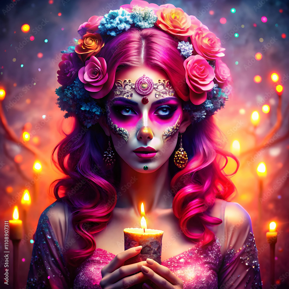 Obraz premium Mystical Woman with Sugar Skull Makeup and Glowing Pink Hair