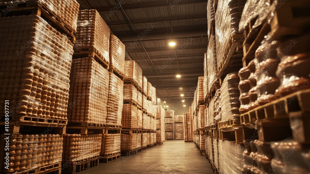 Fototapeta premium Stacks of pallets filled with cartons of eggs prepared for shipment in a climate-controlled warehouse.