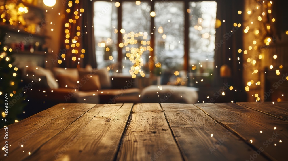 Rustic wooden table in warm holiday living room with string lights