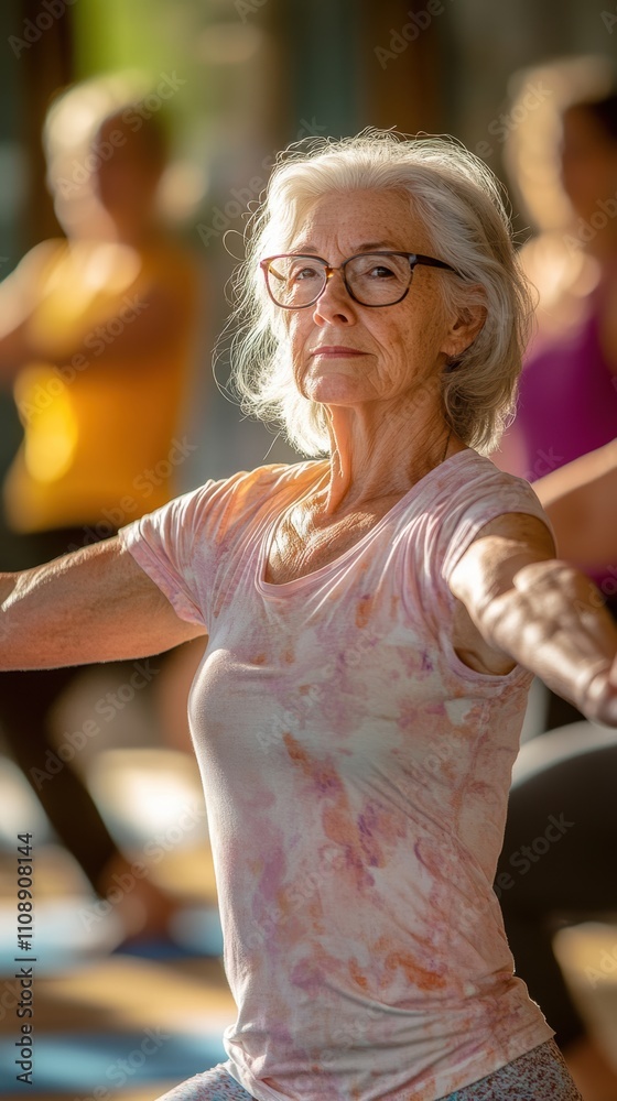 Older woman teaching yoga in sunlit studio Older woman teaching yoga in sunlit studio
