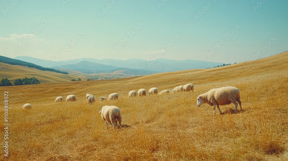 Obraz premium A serene landscape featuring sheep grazing in a golden field under a clear blue sky.