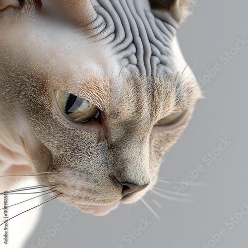 Close-up of a sphynx cat with wrinkled skin. photo