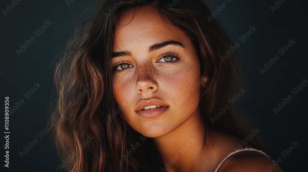Woman with brown hair and green eyes on dark background Woman with brown hair and green eyes on dark background