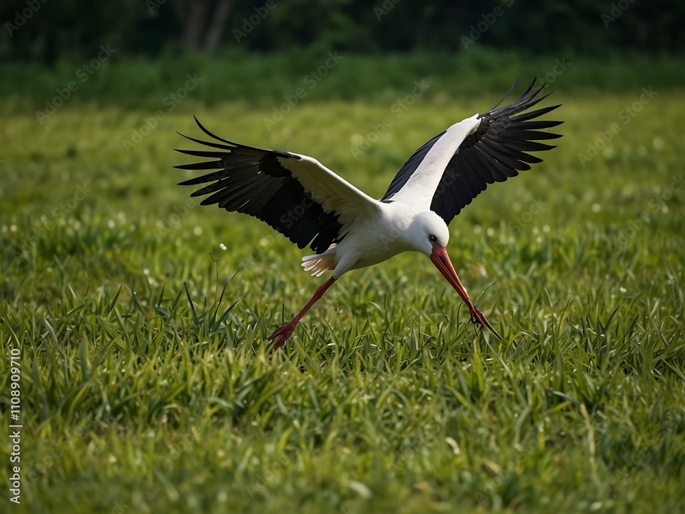 Obraz premium Stork hunting in a lush green field.