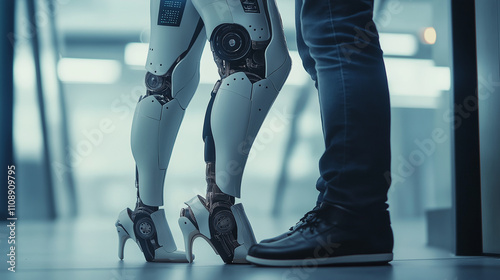 Human and robot close together. Human-robot relationship. photo