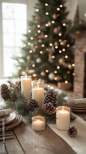 Minimalist holiday table with pinecones candles and christmas tree