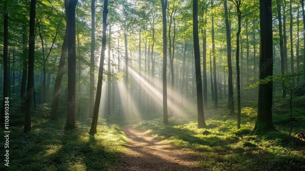 Fototapeta premium Sunbeams in Mystical Forest Path