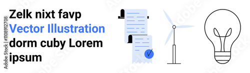 Wind turbine, document with checkmark, lightbulb icon, and textual content. Ideal for renewable energy projects, innovation, contracts, technology, sustainability awareness, educational material