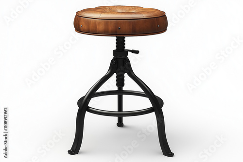 tabouret de bar avec assise en bois et pieds en acier noir, design industriel et rustique, mobilier, décoration, objet 3D réaliste, HDR, photographie de studio, tendance photo