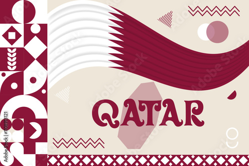 Qatar banner with cultural design. Independence day design for Qatar celebration. Modern neo geometric retro design with flag, map and abstract icons. Red and White. Vector Illustration