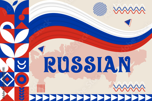 Russian banner with cultural design. Independence day design for Russian celebration. Modern neo geometric retro design with flag, map and abstract icons. Red and Blue. Vector Illustration photo