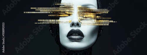 Woman's face is shown in a black and gold background. The woman's face is obscured by a series of gold lines, creating a sense of mystery and intrigue photo