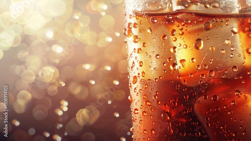 Close-up of Cold Drink with Water Droplets and Bokeh Lights, condensation, beverage, refreshment, ice
