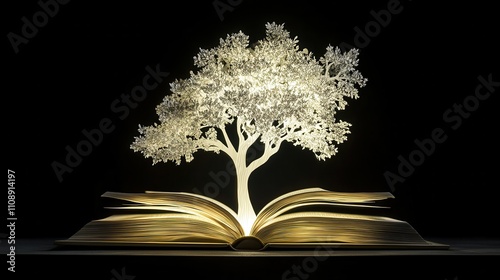A tree is shown in the middle of an open book