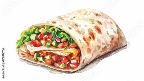 Watercolor Illustration of a Burrito with Vegetables, Watercolor, Food Illustration, Burrito, Mexican Food