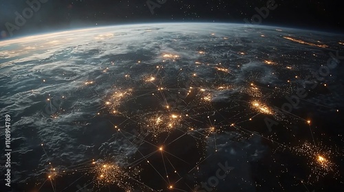 Global network connections at night, Earth from space.