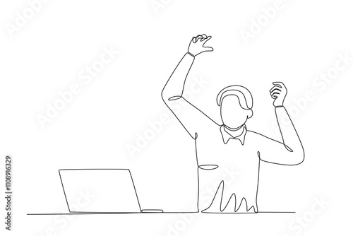 Single continuous line drawing of Stressed employee while working in front of laptop. Dynamic single line draw design graphic vector illustration.