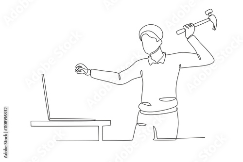 Single continuous line drawing of Employees who are stressed at work want to smash their laptops with a hammer. Dynamic single line draw design graphic vector illustration.
