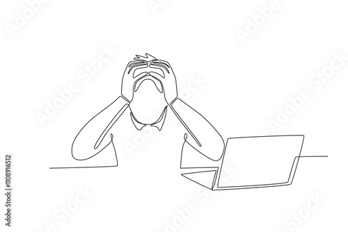 Single continuous line drawing of Stressed employee while working in front of laptop. Dynamic single line draw design graphic vector illustration.