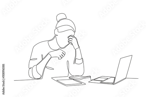 Single continuous line drawing of Stressed employee while working in front of laptop. Dynamic single line draw design graphic vector illustration.