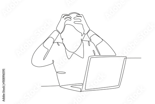 Single continuous line drawing of Stressed employee while working in front of laptop. Dynamic single line draw design graphic vector illustration.