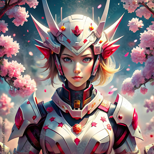 Female Gundam with Cherry Blossom Armor in Futuristic Anime Style