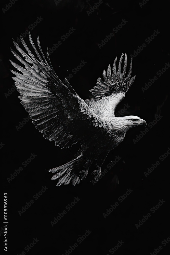 Fototapeta premium Eagle logo for tattoo in white ink with spread wings, placed on a jet black canvas.