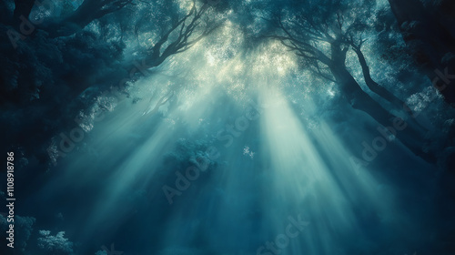 Sunlight streams through a dense, dark teal forest canopy photo