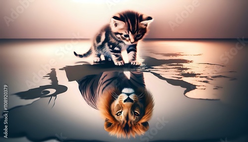 Kitten's Reflection: A Lion's Heart