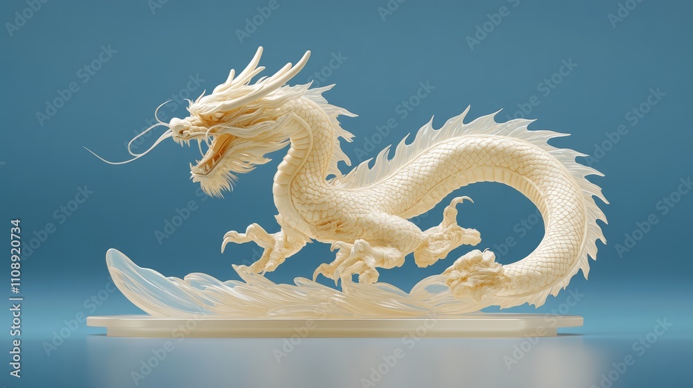 Fototapeta premium Elegant White Dragon Sculpture Surrounded by Graceful Waves