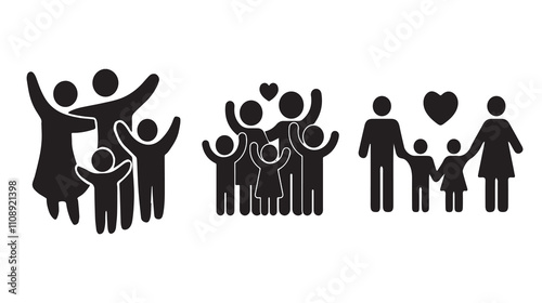 flat icon Silhouettes of families in various joyful poses, symbolizing love, unity, and togetherness, with clean black shapes on a white background, perfect for symbol or logo design
