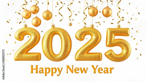 Generate a digitally rendered image of the year 2025, stylized as large, hanging gold baubles with a sparkly ai generated images.