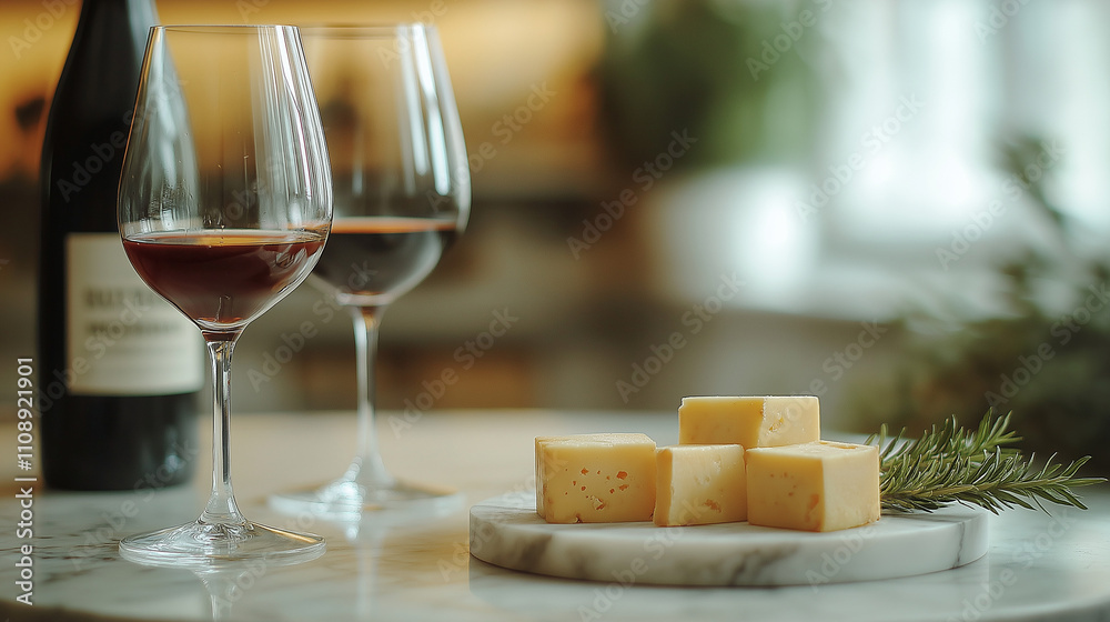 Two glasses of red wine, a wine bottle, and small squares of cheese on a marble plate Two glasses of red wine, a wine bottle, and small squares of cheese on a marble plate