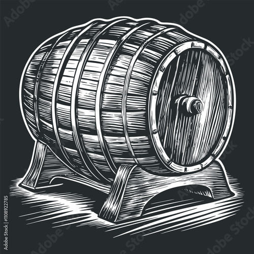 Vintage style illustration presents a wooden beer barrel resting on a stand, showcasing craftsmanship and traditional brewing methods