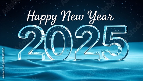 A stylized, 3D rendering of the year 2025, formed from clear ice or glass with water droplets ai generated images.